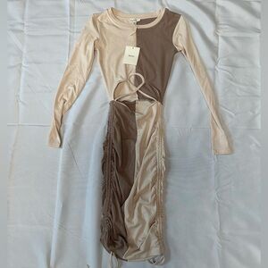 Cream and Brown Bodycon Dress with Cut-Out